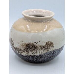 Vtg OTAGIRI Stoneware Vase Arboreal Scene Pottery Rustic Japan 4”
